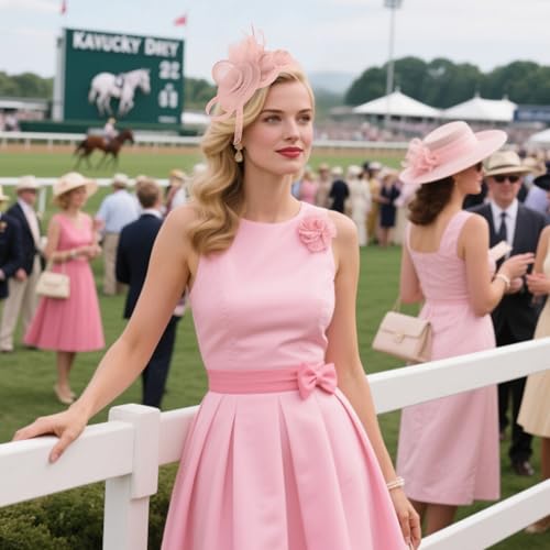 AMCAMI Fascinators Hats with Feather for Women 2025 Derby Hats Tea Party Hat with Headband and Clip Nude Pink - Thumbnail 4