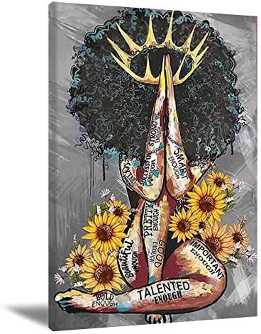 Black Women Wall Art Black Queen Poster Sunflower Inspirational Pictures Canvas Prints Women Girl Wall Decor Black Women Portrait Wall Art Abstract Artwork Painting for Living Room Bedroom 16X24 in