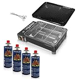 Rsonic Schwarz Camping Gasgrill + 4x gas kartuschen ★ Black Tischgrill mit Grillrost und Grillplatte geeignet für für Garten, Terrasse, Picknick, Ersatz Ofen bei Stromausfall, Camping usw. (1x, Schwarz Gasgrill + 4x Gaskartuschen)