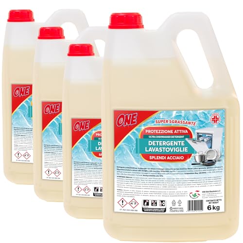 ONE 20 Litri di DETERGENTE SPECIFICO PER LAVASTOVIGLIE AD USO PROFESSIONALE Perfetta pulizia e brillantezza di vetro, acciaio, piatti (4 x taniche da 5 lt) Protezione Attiva Super Sgrassante