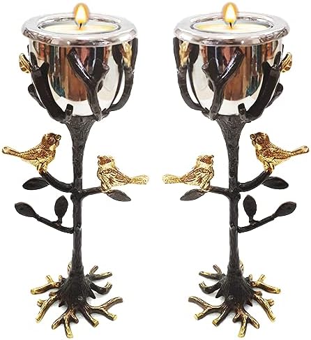 Yair Emanuel Tree of Life Candlestick Holders for Shabbat and Yom Tov | Unique Sculpted Design Gold Accent Birds