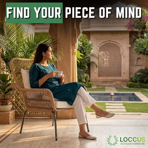 Image of LOCCUS 3-Piece Patio Bistro Set - Outdoor Woven Rope Balcony Furniture with Glass Top Table & Cushioned Chairs for Backyard, Balcony, Porch & Lawn (Beige & White) Comfortable Outdoor Seating Suitable