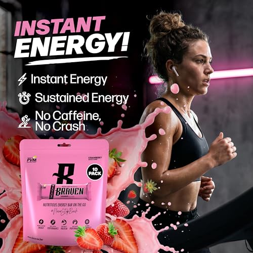 Image of Braven Bar Strawberry Energy Bars (1.59 oz, Pack of 10) - Performance Fuel On the Go - Soft & Chewy Candy-Like Texture - 13 Vitamins & Minerals - No Caffeine, No Crash - No Artificial Dyes - Gluten Free