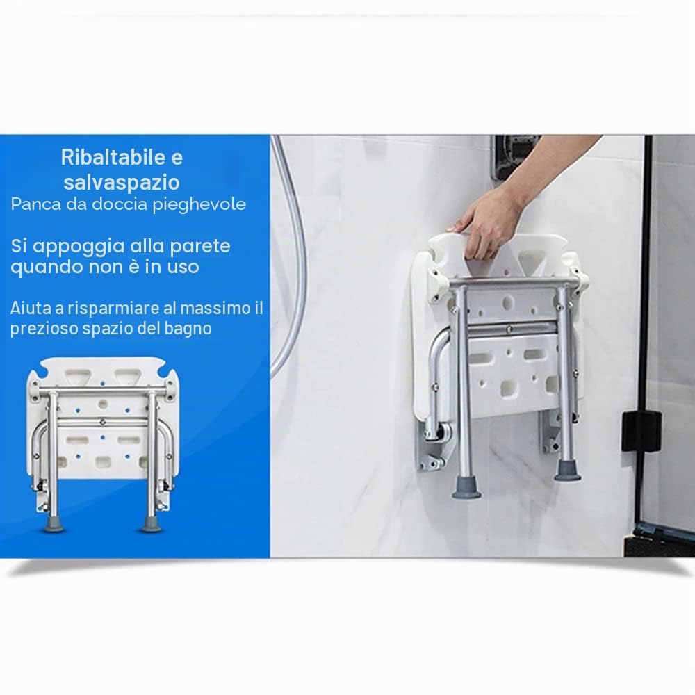 Panchina da doccia pieghevole a parete, per vasca da bagno, con piedini antiscivolo, fori di scarico per anziani con disabilità