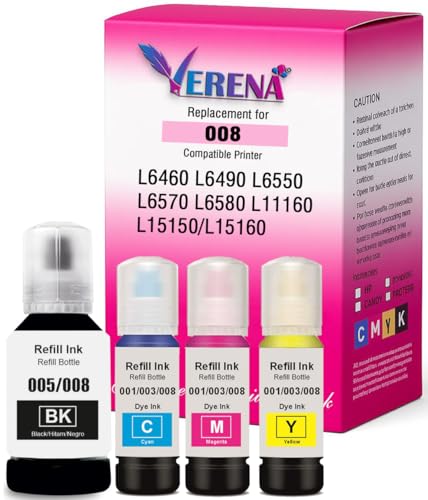 Image of Verena 008 Refill Ink Compatible for Epson L6460 / L6490 / L6550 / L6570 / L6580 / L11160 / L15150 / L15160 Printers (Black Cyan Magenta Yellow Pack of 4)