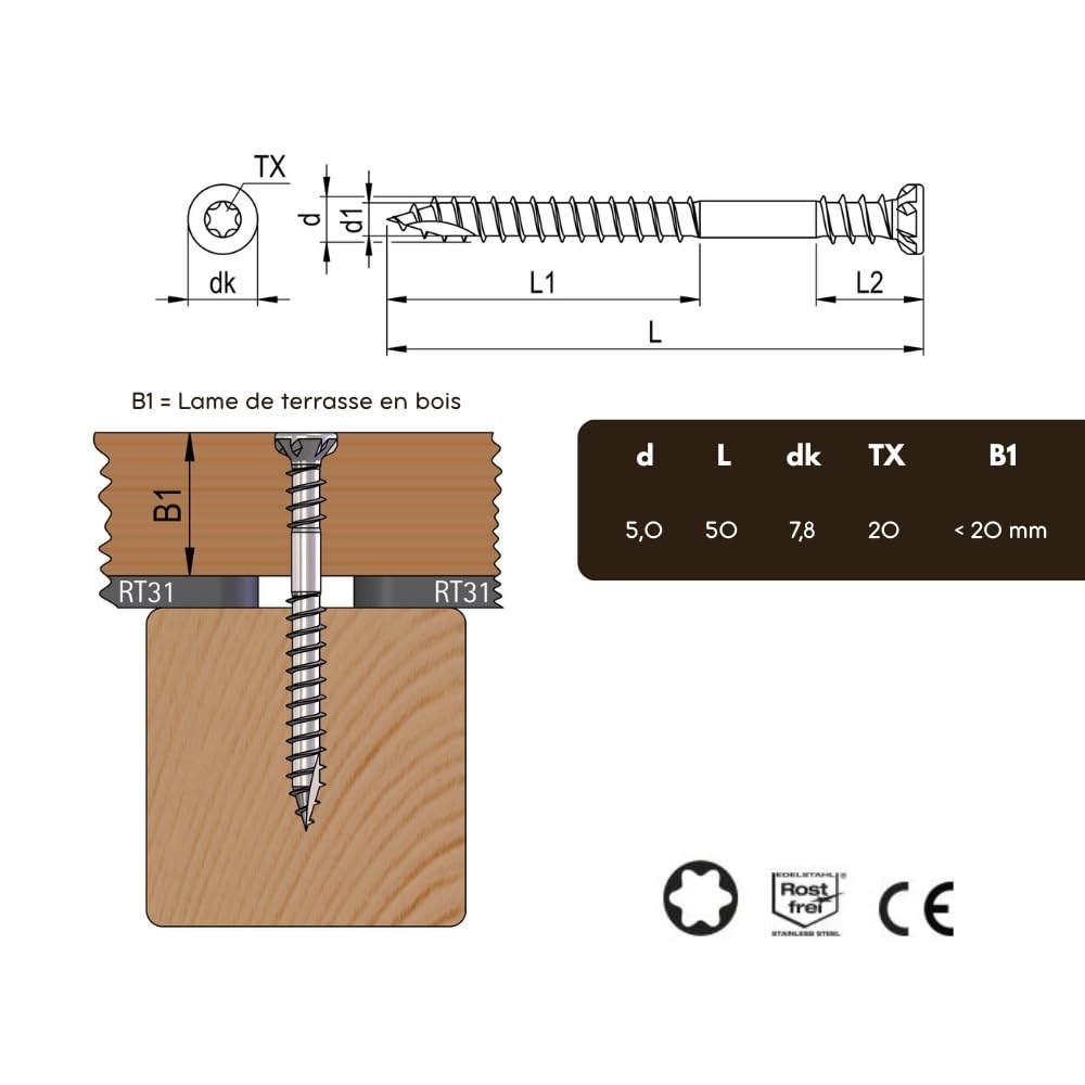REISSER - Boîte de 200 vis pour terrasse bois - Revêtement Antique - diamètre 5 x 50 mm - Acier inox A2 - Empreinte Torx TX20 - tête fraisée - Embout OFFERT