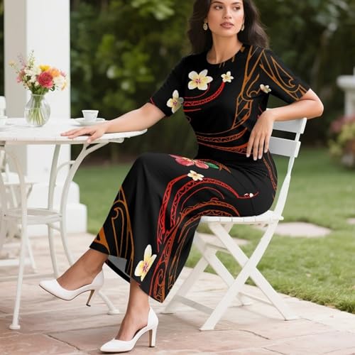 Image of Puletasi Samoan Traditional 2 Piece Outfits for Women Short Sleeve Crop Top and Maxi Skirt Sets Puletasi Dress