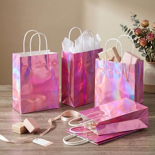 Image of BLEWINDZ 32Pcs Small Paper Gift Bags with Tissues, Iridescent Party Favor Bags with Handles, Holographic Pink Gift Bag for Wedding Baby Shower Birthday Party Supplies