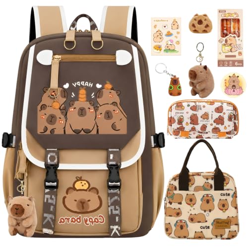 EGOUE Waterproof Capybara BackpackLarge-capacity Kawaii capybara bag with 14-Piece Accessories (Lunch bag pencil case gel pen Stickers and others)