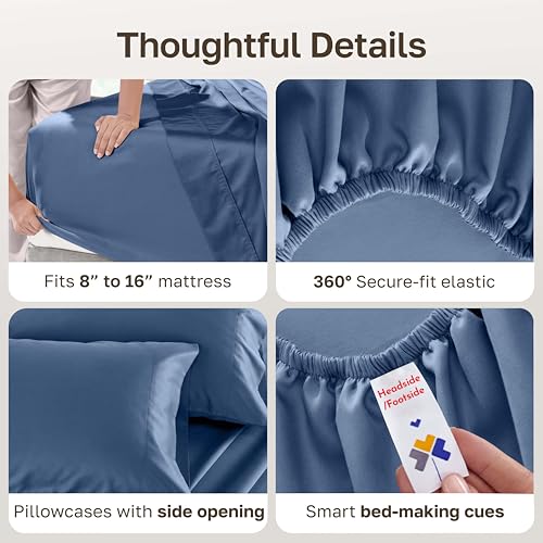 Image of California Design Den 500TC 100% Cotton King Size Sheets Set, Denim Blue | Good Housekeeping Seal, OEKO-TEX Certified, Silky-Soft Sateen Weave, 4pc Set, 16 inch Deep Pockets, For Hot Sleepers, All-Season