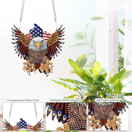Image of DIY Diamond Art Hanging Kits for Adults, Patriotic American Flag Owl Special Shaped Crystal Diamond Painting Ornament, Acrylic Window Suncatcher Pendant with Chain for 4th of july Home Decor Gift