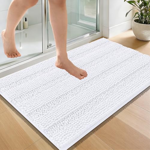 Image of OLANLY Thick Bathroom Rugs 36x24, Extra Soft Absorbent Chenille Striped Bath Rugs, Rubber Backing, Machine Wash Dry, Bath Mats for Bathroom Floor, Tub and Shower, Home Decor Accessories, White