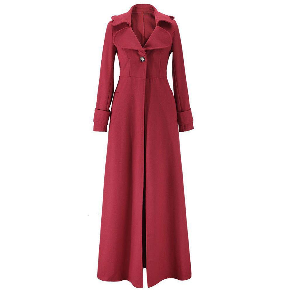 Ekrfxh Women's Wine Red Winter Button Lapel Slim Maxi Coat Trench Jacket Parka Outwear Wool Overcoat