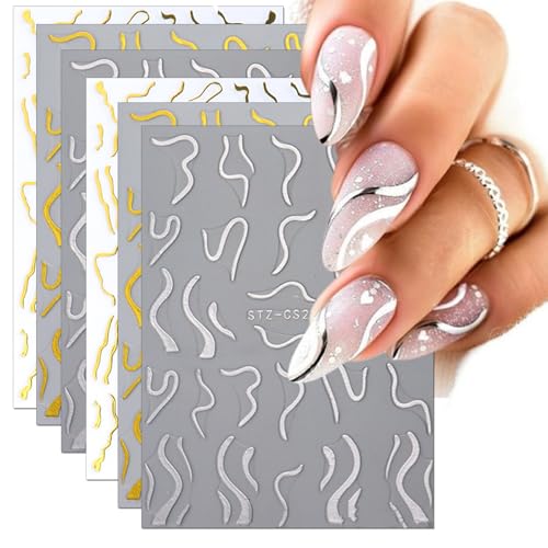 TailaiMei 6 Sheets Golden Line Nail Stickers, 3D Design Self-Adhesive Nail Art Decals for DIY Nail Decorations (502)