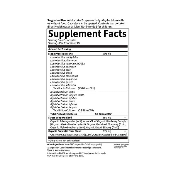Garden of Life Dr. Formulated Probiotics Mood+ Acidophilus Probiotic Supplement - Promotes Emotional Well-Being, Relaxation and Digestive Balance - Ashwagandha for Stress Management, 60 Veggie Caps