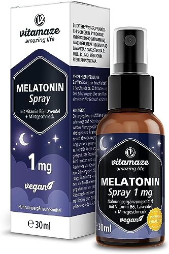 Mélatonine Spray Enrichi d'extrait de Lavande et B6- Endormissement Sommeil Relaxation - Arôme de Menthe - 1 mg de Mélatonine par Dose Journalière, 30 ml, Vegan - Vitamaze