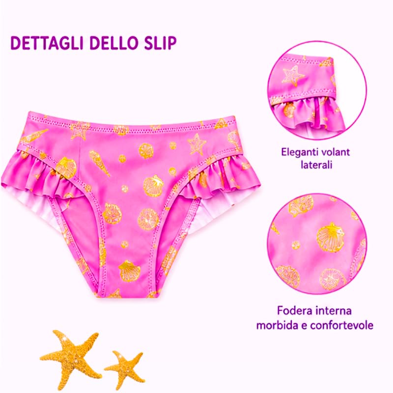 Bikini Due Pezzi per Bambina, Fantasia Colorata con Unicorni e Stelle Marine, Volant, Mare e Piscina