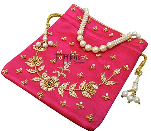 MILAN'S CREATION : Pearl & Zardosi Potli Bag Hand Embroidery Drawstring Potli Women's Handbag Purse With Pearl Handle & Tassel Purse - Image 5