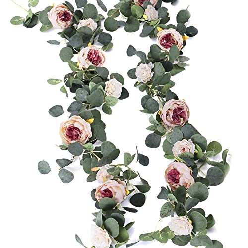 MISSPIN 2pcs Artificial Flowers Garland Eucalyptus Garland Vintage Fake Flower Peony Rose Vine Greenery Decorative Wall Hanging Plant for Wedding Arch Door Arrangement Party Decor (Vintage Pink,2)