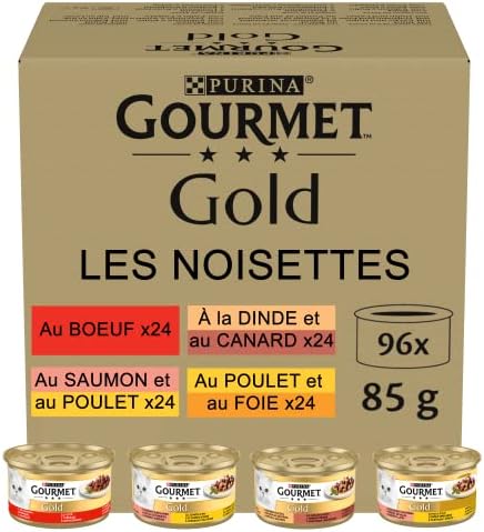 GOURMET Gold Bocaditos en Salsa, Comida Húmeda para Gato Adulto, Trocitos en Salsa, Surtido de Buey, Salmón y Pollo, Pavo y Pato y Pollo e Hígado, 96 latas