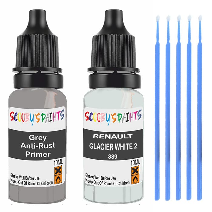 SCOOBYS PAINTS BACK IN THE MIX Touch Up Paint For Renault Glacier White 2 389 Scratch Stone Chip Repair With Grey Primer
