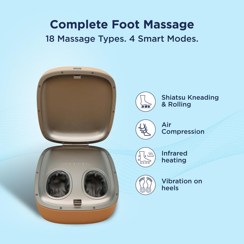 Image of The Sleep Company Wave X Foot Massager with Ottoman | 18 Custom Massage Styles | Shiatsu Rolling & Kneading, Vibration & Heat | 2-in-1 Convertible Design | Lasts up to 10 Sessions| Suede Finish | Tan Leatherette
