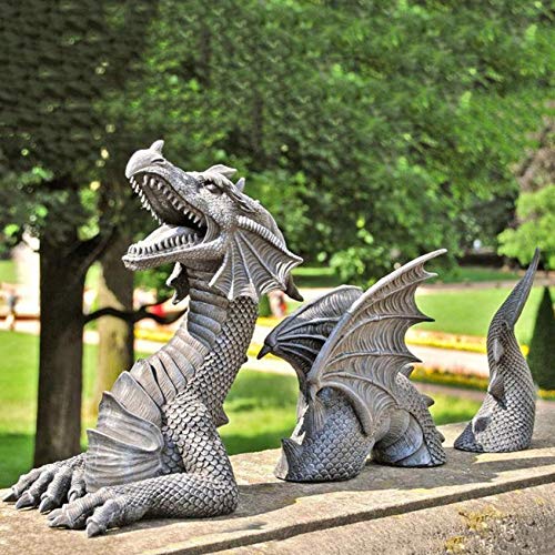 Owill Large Gothic Dragon Statue Garden Decor - The Dragon of Castle Moat Lawn Statue, Garden Sculptures & Statues, Dragon Lawn Ornaments Decorations for Garden Patio Yard (Grey)