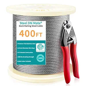 400 Feet T316-Stainless Steel 1/8'' Stainless Steel Aircraft Wire Rope Cable for Cable Railing Kit, Deck Stair Railing Hardware DIY Balustrade, 7x7 T316 Marin Grade