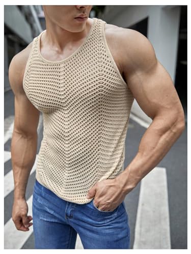 Floerns Men's Sleeveless Crew Neck Crochet Knit Sheer Tops Hollow Out Sweaters4