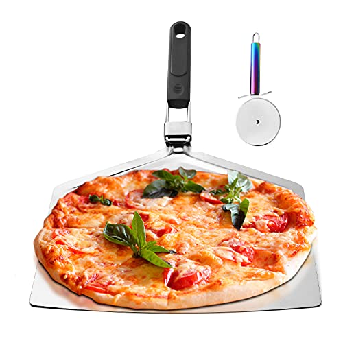 Extra Large Pizza Peel 16 Inch With Free Pizza Cutter Wheel - Stainless Steel Pizza Spatula Paddle With Folding Handle For Easy Storage - Premium Pizza Turning Peel Shovel Pizza Stone Metal Turner