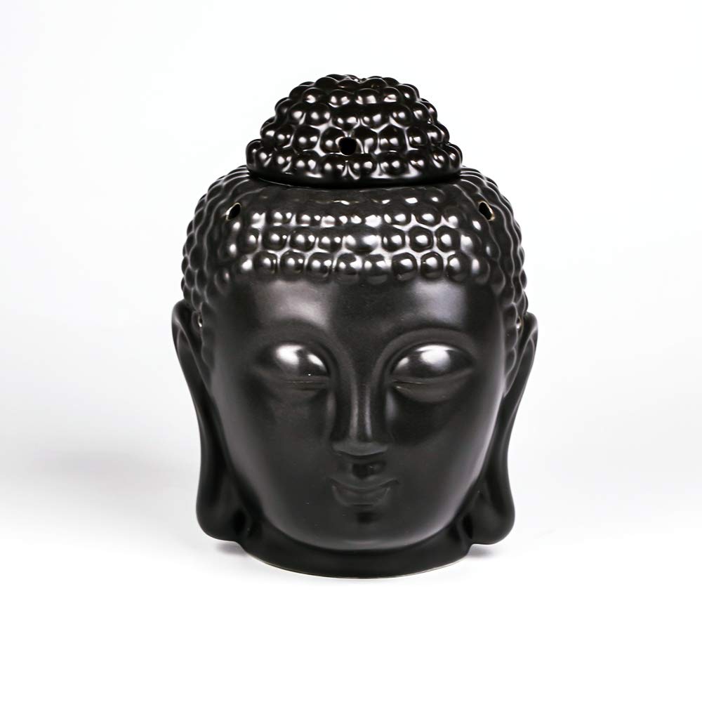 EVERGD Buddha Head Wax Melt Candle Oil Burners with Tealight Spoon Essential Oil Burner Aromatherapy for Yoga Spa Home Office Decorative Gift (Black, 1)