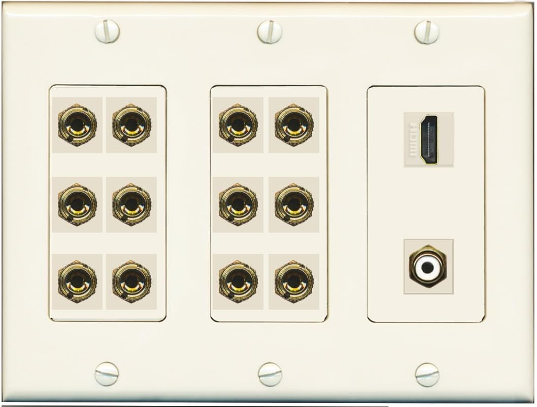 RiteAV 6.1 Surround Sound 6 Speaker 12 Banana Wall Plate with HDMI and RCA Female to Female Connectors - 3 Gang [White]