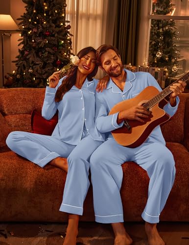 Ekouaer Couple Matching Pajamas 100% Cotton Long Sleeve Sleepwear Button Down Loungewear Pjs Set S-XXL4