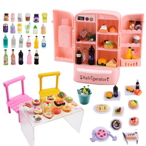 MUYIZI 120 Pcs Mini Dollhouse Refrigerator Mini Fridge Toy with Mini Food Drink Bottles Mini Fridge with Ice Cubes Kitchen Furniture Food Set for Kids Miniature Doll House Decoration Accessories