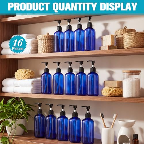 Image of CroBlissful 16 Pcs Empty Plastic Pump Bottles 8oz Refillable Lotion Pump Bottle Containers with Dispenser for Shampoo, Conditioner, Face Cream, Massage Oil, Liquid Soap (Blue)