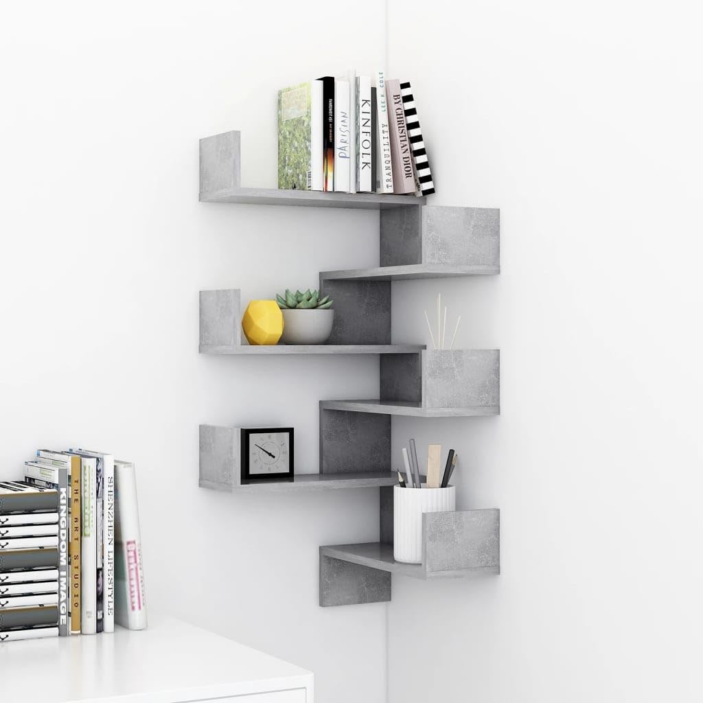 Set di 2 mensole angolari da parete, grigio cemento, 40 x 40 x 50 cm, in robusto materiale di legno, design moderno, per soggiorno, camera da letto, cucina, bagno, libreria da parete