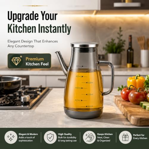 Image of Glass Oil Dispenser Bottle, Anti-Drip Spout, Leakproof Borosilicate Glass Oil Container with Measurement Markings for Kitchen, Olive Oil, Vinegar & Cooking (800, Milliliters)