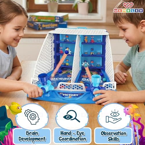Image of Wembley Ocean Shooting Arcade Board Game for Kids | Aqua 2 Player Pinball Marble Shooter Tabletop Toy | Indoor Competitive Skill Activity Game | Birthday Gift for Boys Girls Age 5 6 7 8 9 10 11 Years