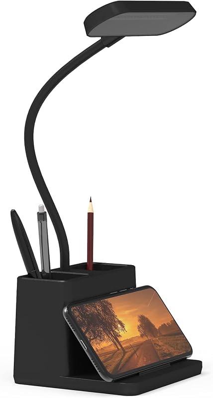 AXX Black LED Desk Lamp, Battery Operated Small Table Light for Dorm Room | Rechargeable, Battery-Powered, Cute, Dimmable, Gooseneck, Pen Holder, Touch Control, for Home Office Bedroom Desktop