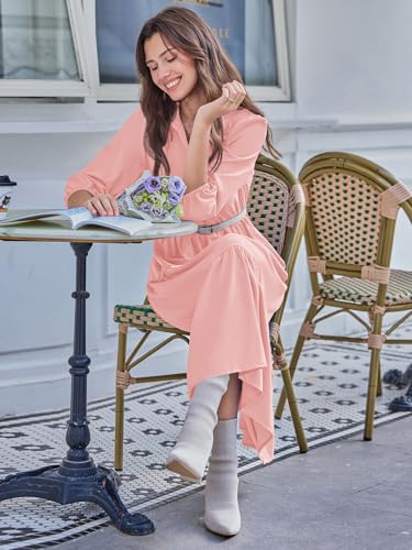 Image of Wenrine Womens Casual 3 /4 Sleeve Shirt Dress Button Down V Neck Tiered Collared Flowy Maxi Dress