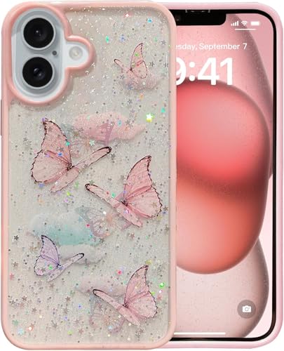 Image of VONZEE for iPhone 16 Plus Clear Glitter Butterfly Case, Cute Bling Sparkle Shiny Soft TPU Bumper Shockproof Women Girls Slim Protective Phone Cover for iPhone 16 Plus 6.7 inch, Pink