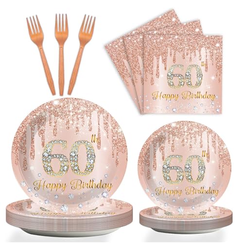 Image of ZOIIWA 96 Pieces 60th Birthday Party Tableware Set for Pink Rose Gold 60th Paper Table Decorations Supplies Pink Rose Gold Happy 60 Birthday Dessert Plates Napkins Forks for 24 Guests Women Supplies