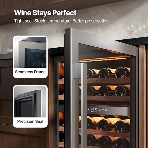 Image of Ca'Lefort 24 Inch Wine Fridge, 52-Bottle Built-In Dual Zone Wine Cooler | 40-65F Control, Adjustable Shelves, Glass Door & 3-Color LED, Automatic Defrost, Under Counter or Freestanding for Home Bar