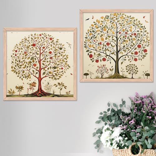 Image of kotart Premium Digital Madhubani tree wall Art Paintings with Frame for Home Decor - Framed Wall Painting for Living Room Bedroom Office Room Decor - Painting for Wall Decoration - Set of 2 Multicolor paintings (10x10 inch, A)