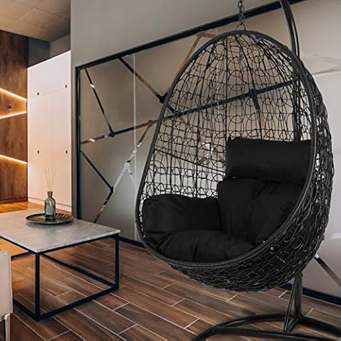 Kideo® Komplettset: schwarzer Hängesessel mit Gestell & Kissen, Poly-Rattan, komplett schwarzes Set (Kissen: schwarz) Cover