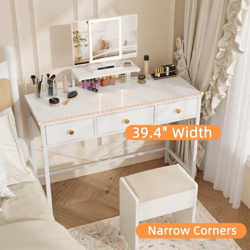 Image of HIGDBFE Small Makeup Vanity Desk 40''W with Mirror and Lights, 3 Drawers | USB Lighted Mirror, Height-Adjustable Stand, Fabric Drawers, Girls /Kids Gifts, Bedroom, Small Space, Dorm, White