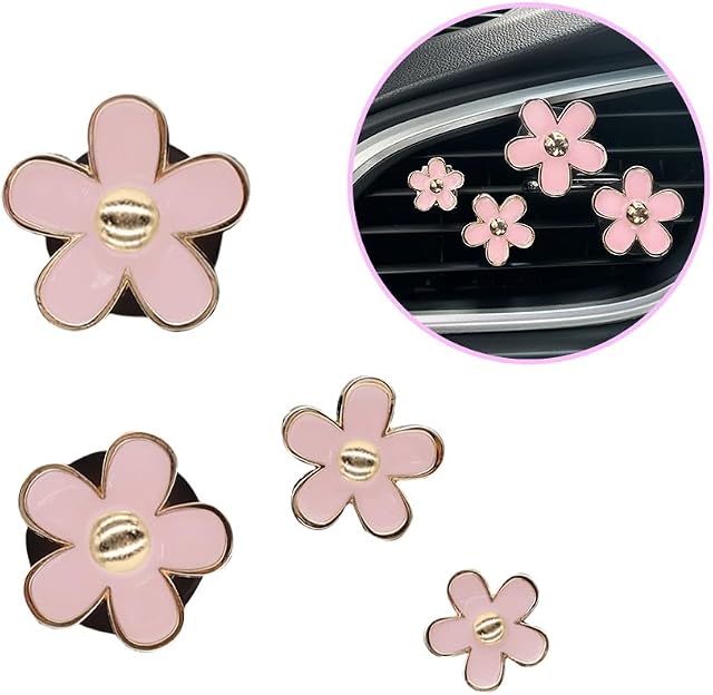 ORIESSE Accessoires de voiture de fleurs,4pcs Daisy rose Air Voiture Air Refroidisseur,4 Tailles Light Rose Flower Vent Clips Voiture Décor pour femmes,Diffuseur rechargeable