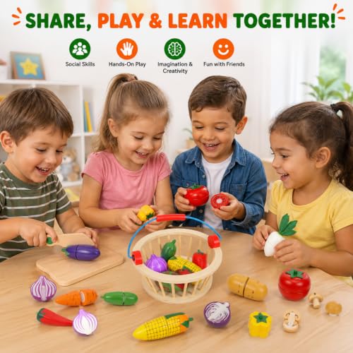 Image of Wooden Magnetic Vegetable Cutting Toys for Kids 3+ Years, Pretend Play Kitchen Food Set with Basket & Wooden Knife, Montessori Learning Toy, Educational Gift for Boys & Girls