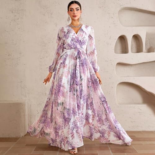 Image of TOLEEN Summer Casual Dresses for Women 2024 Spring Fashion Boho V Neck Long Sleeve Ruffle Floral Print Elegant Maxi Dress