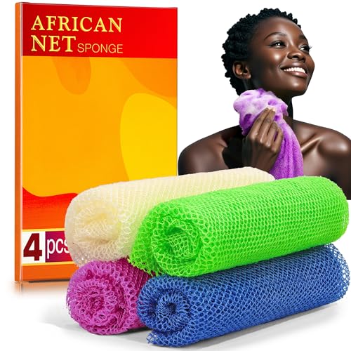 4 Pieces African Net Sponge for Deep Exfoliation – African Net Sponge Authentic, Exfoliating Washcloth, Quick-Drying African Exfoliating Net for Smooth & Glowing Skin(Blue, Green, Purple, White)